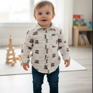 Mica Mack Kids' White Bus Pattern Button-Down Shirt sz 24 months‎ Preowned